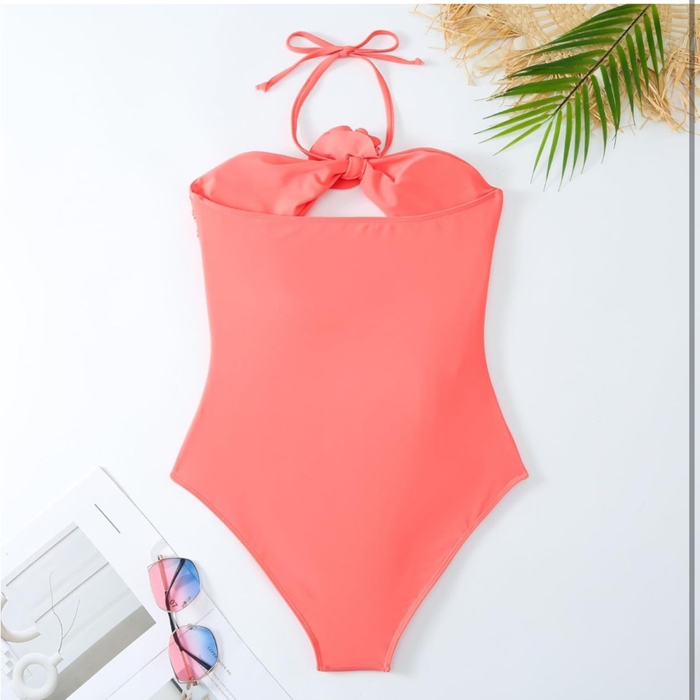 Swim set one piece suit and matching cover up skirt orange cut out floral large
